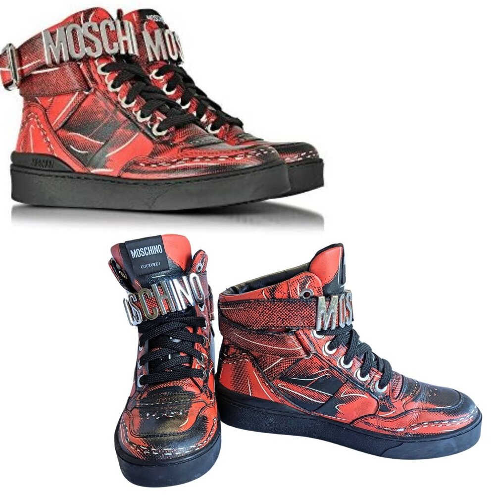 Moschino Red and Black Logo Strap High-Top Sneakers